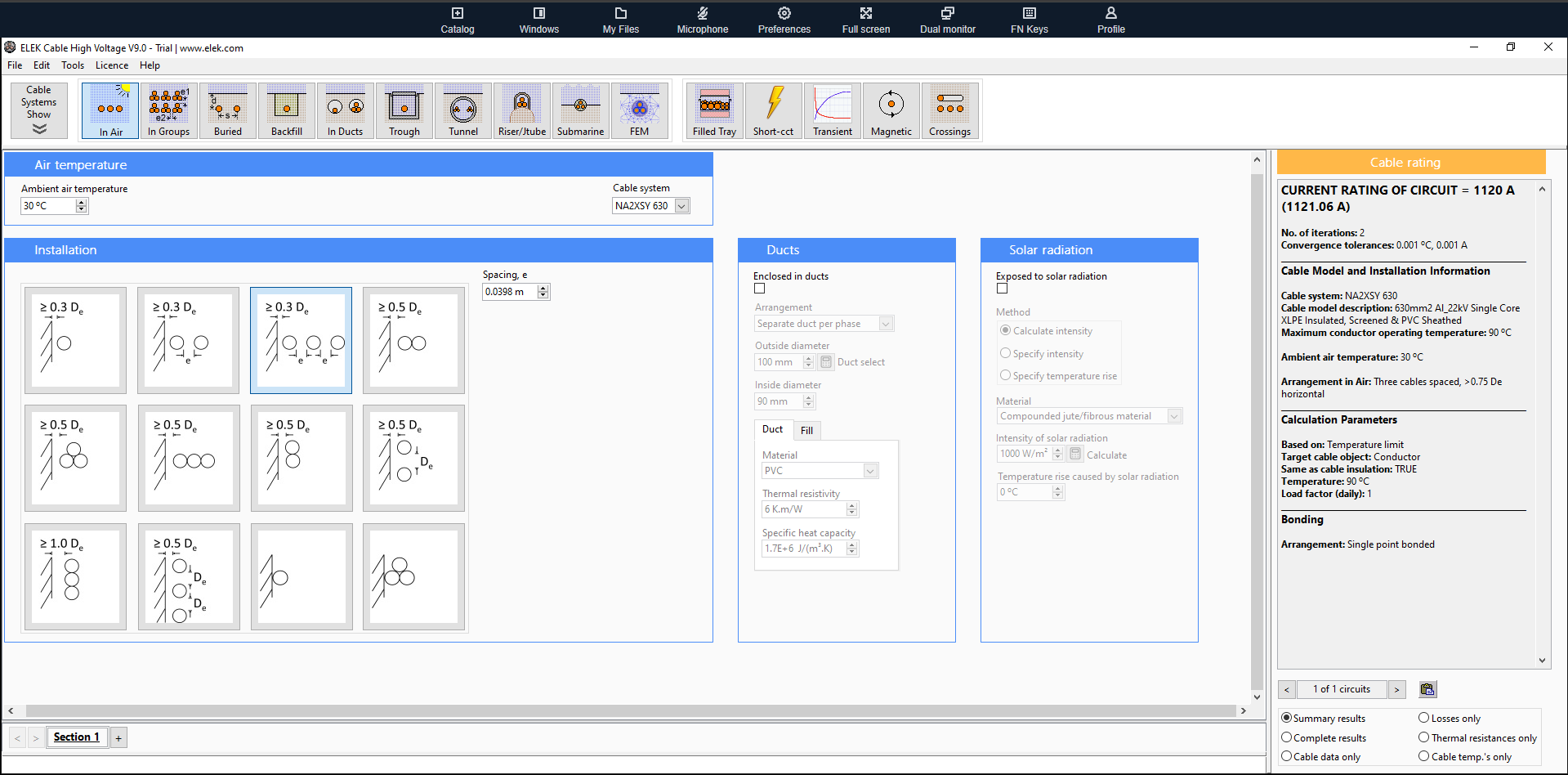 ELEK ampacity calculation screenshot